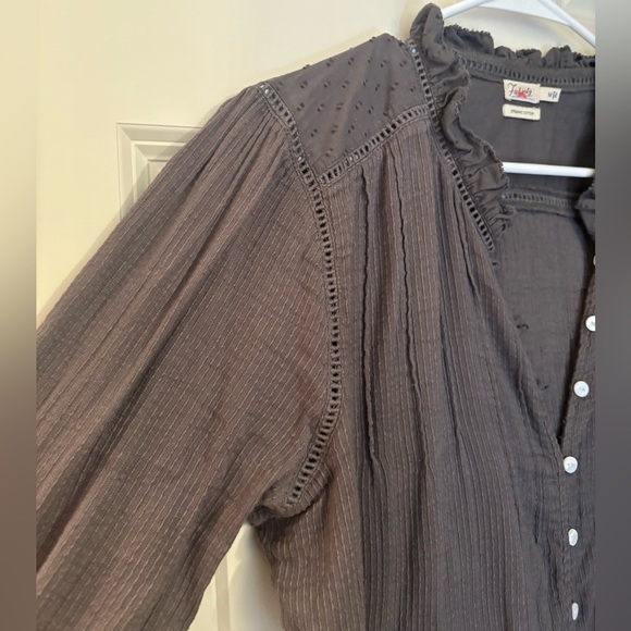 Faherty Willa Ruffled Boho 100% Organic Cotton Button Down Shirt, Charcoal, M - Picture 4 of 8